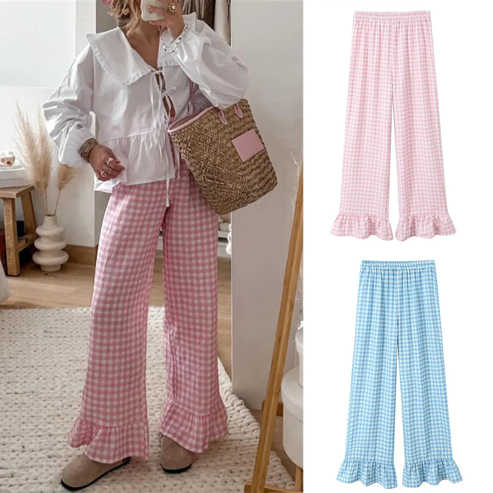 

Casual Plaid Print Pants Women Loose Flared Elastic Wide Leg Trousers Female 2024 Summer Lady All-matching Streetwear Female