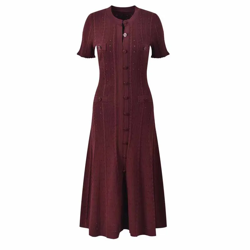 Summer Solid Round Neck Short Sleeved Office Lady Knitted Dress Women Korean Single Breasted Hollow Out Long Dress Fashion Trend