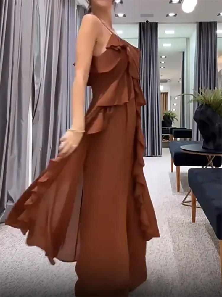 Set da due pezzi con top corto con cinturino per spaghetti, completo chic patchwork con stampa estiva da donna, pantaloni a gamba larga con fasciatura 2025 Abiti da donna