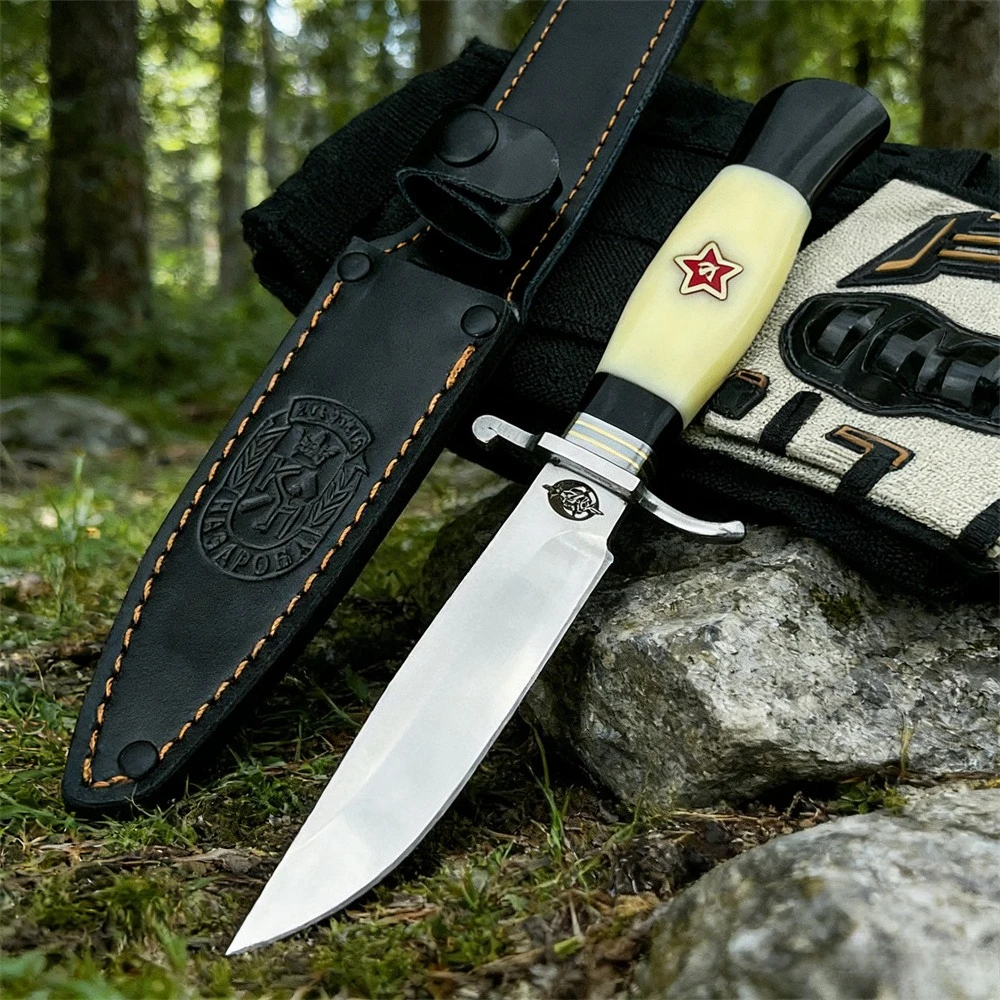 Cuchillo Ruso NKVD Finka de Hoja Fija, Acero 440C, Espiga Completa, para Camping, Caza y Actividades al Aire Libre, con Funda de Cuero