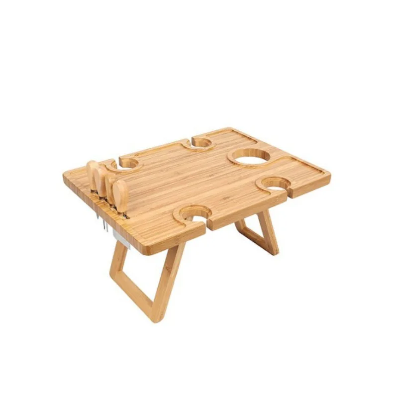 Square wooden picnic table bamboo wine glass folding table beach barbecue outdoor camping portable rack
