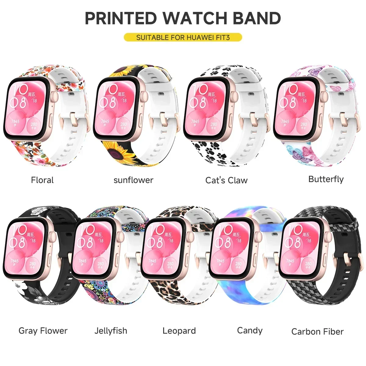 حزام بنمط لساعة Huawei Watch Fit 3، سوار عالمي من السيليكون، سوار زهور لساعة Huawei Watch Fit 3، سوار رياضي مطبوع للنساء
