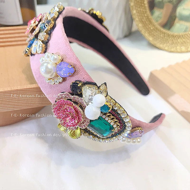 Baroque Romantic Pink Diamond Flower Sparkling Headband Crown Head Wrap Fashion Show Clothing Head Band Bridals Headwear Jewelry