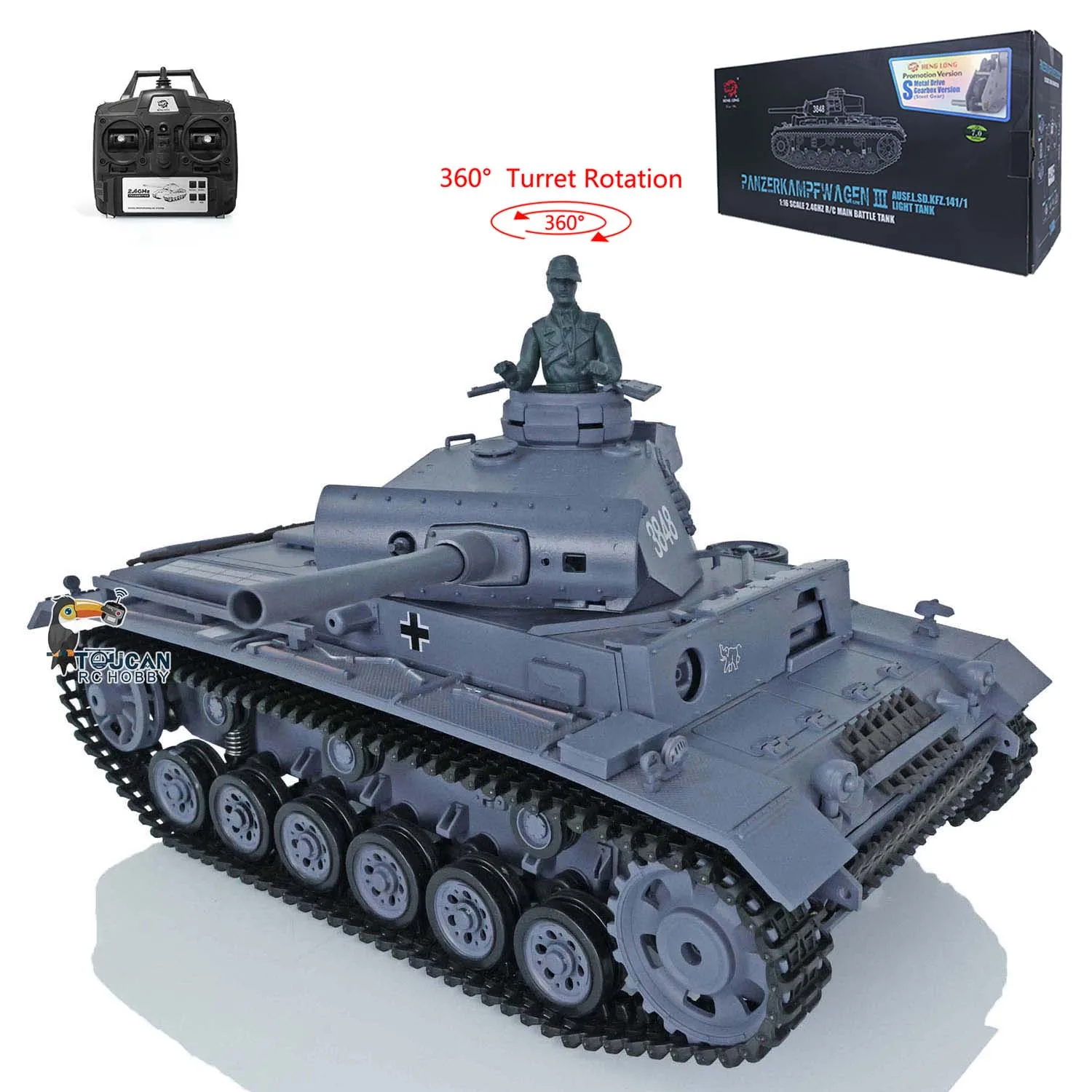 2.4G HENG LONG 1/16 7.0 Plastic German Panzer III L RTR Radio Control Model Army RC Tank 3848 360° Turret BB Pellet TH17340-SMT4