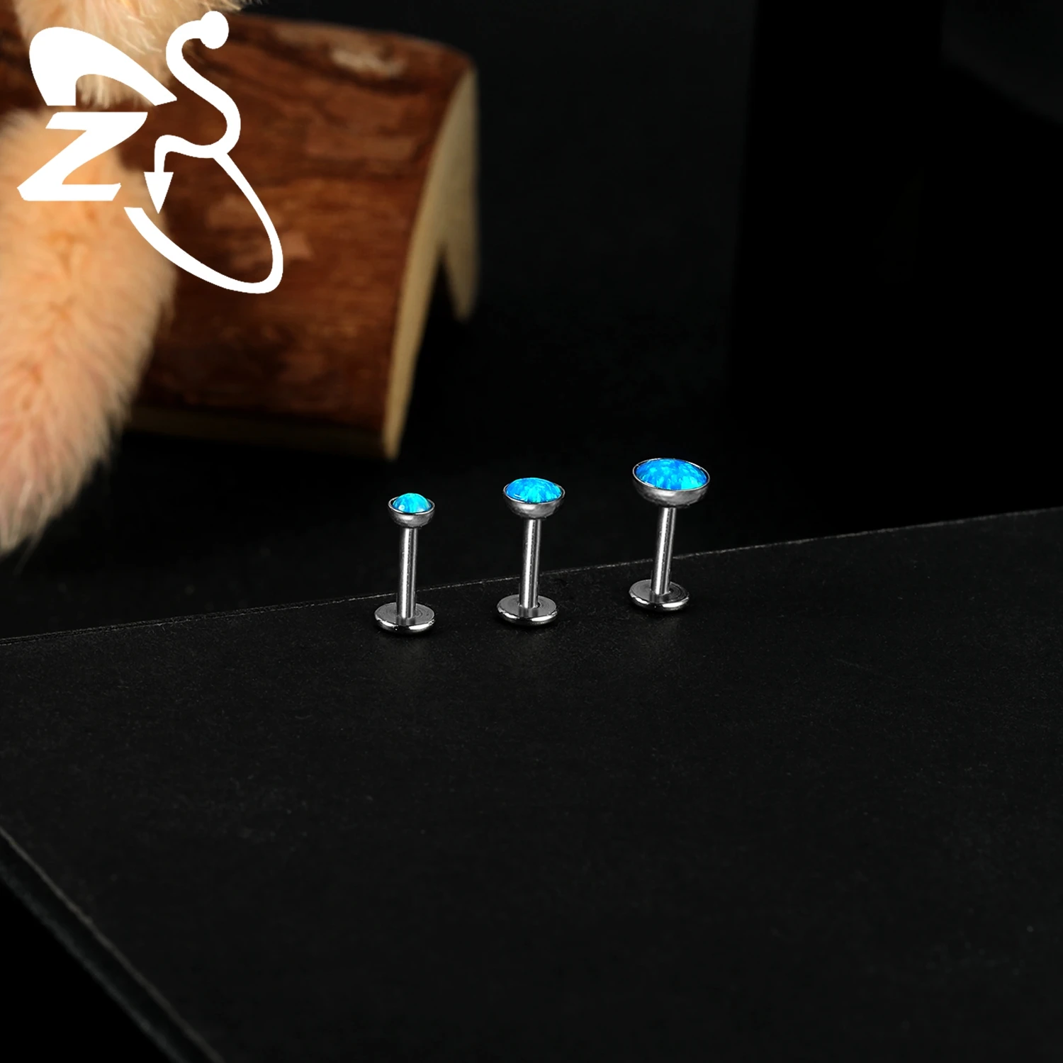 16G Stainless Steel Opal Lip Stud, Internal Thread