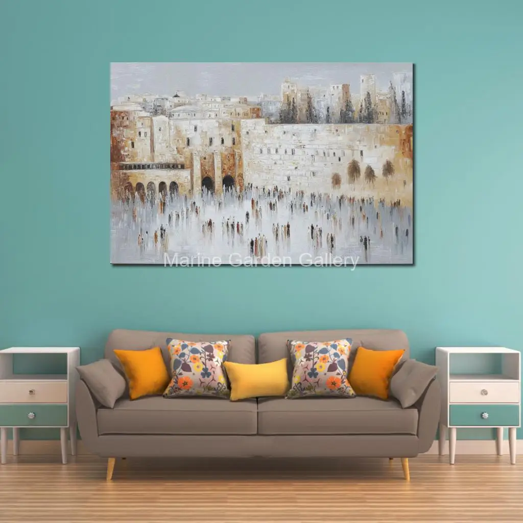 Jewish Contemporary Textured Canvas Jerusalem Landscape Oil Painting Hand Painted Kotel Wall Art Judaica Restaurant Home Decor