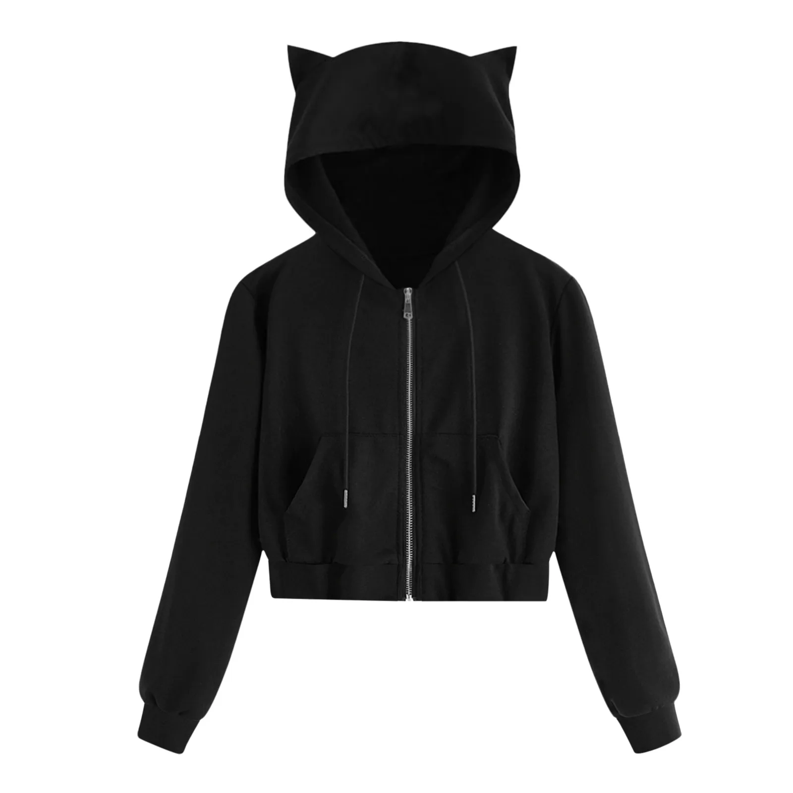 Kawaii Cat Ears Hoodies Gothic Punk Harajuku Black Short Style Sweatshirts Women Zipper Cropped Hoodie Autumn Spring Streetwear