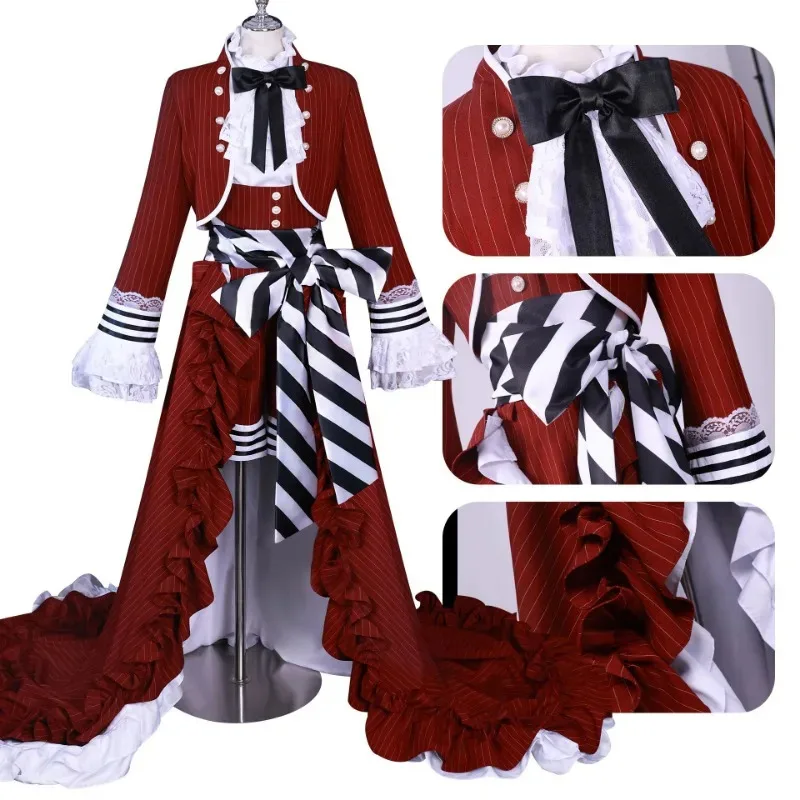 Anime Black Butler Ciel Tea Cup Cosplay Costume Red Victorian-style Gown Shoes Prop Accessories Full Set Gothic Suit Party Dress
