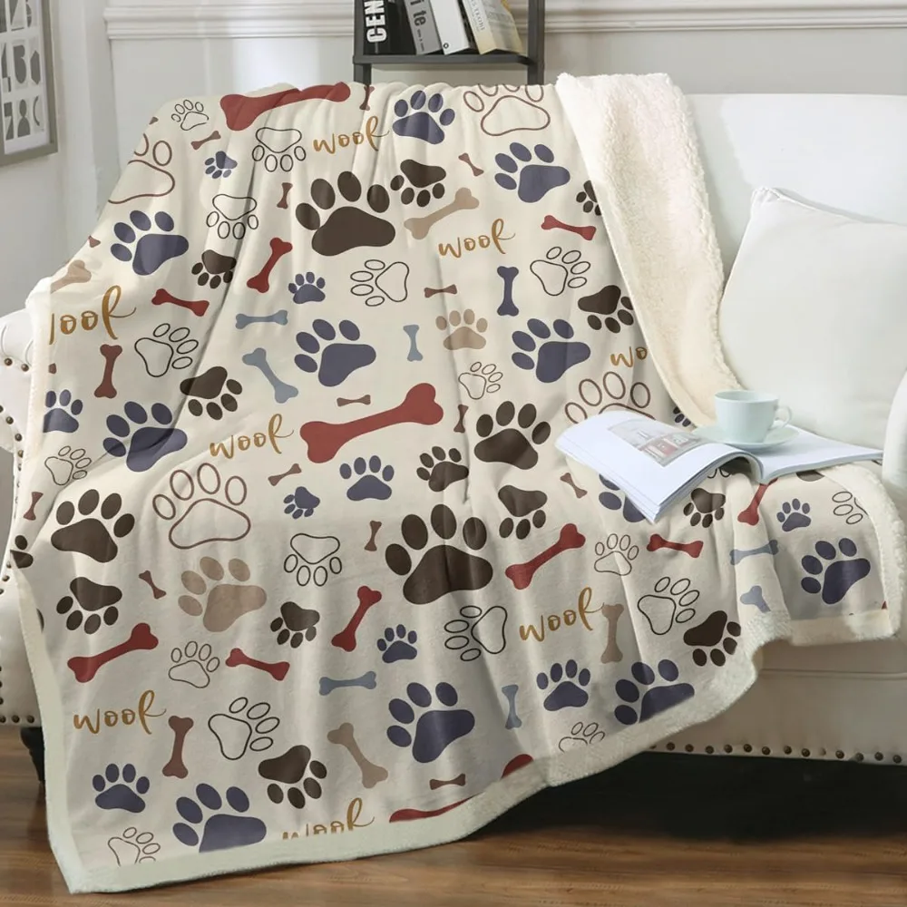 Dog Paws and Bones Print Fleece Throw Blanket for Kids Soft Plush Light Yellow Sherpa Blanket for Couch Chair