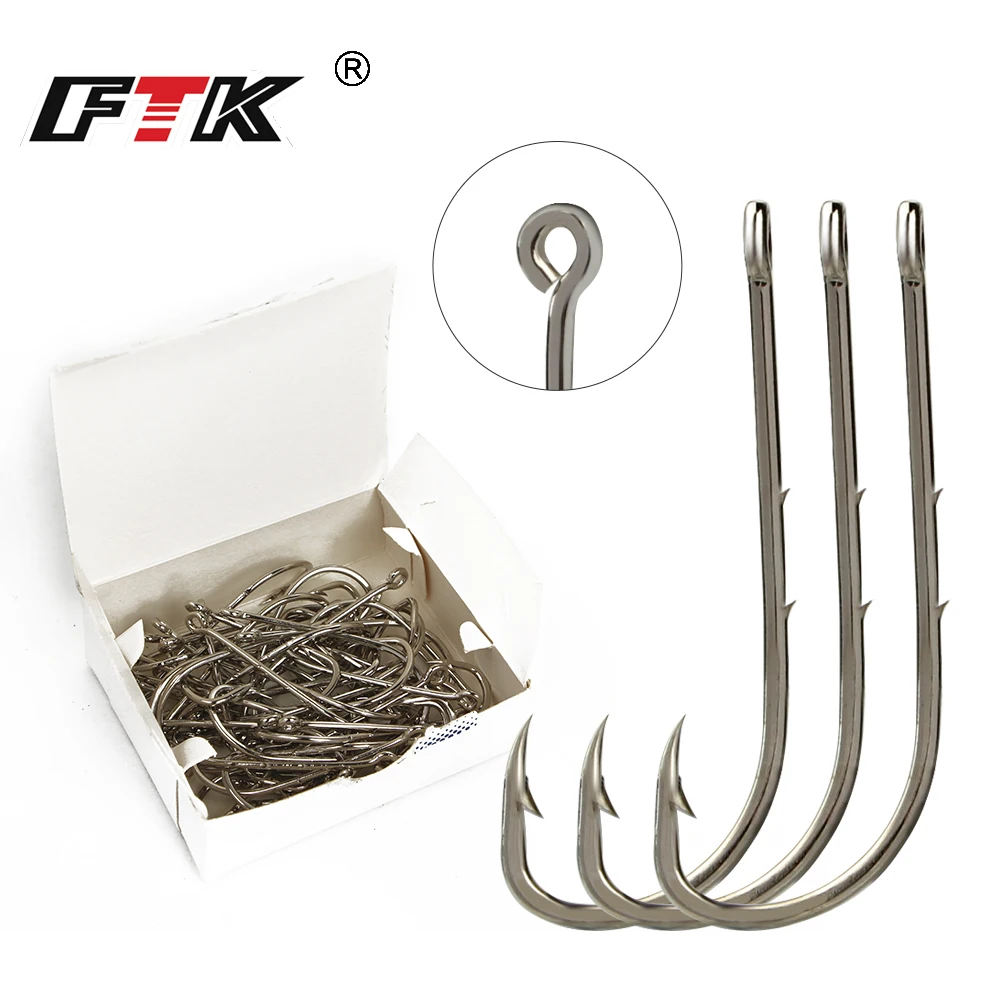 FTK Fishhooks Appât à tige longue en acier à haute teneur en carbone 1/0 # -5/0 # 50 pièces 1-10 # Hameçons de pêche barbelés, support pour plage et appâts vivants, 100 pièces