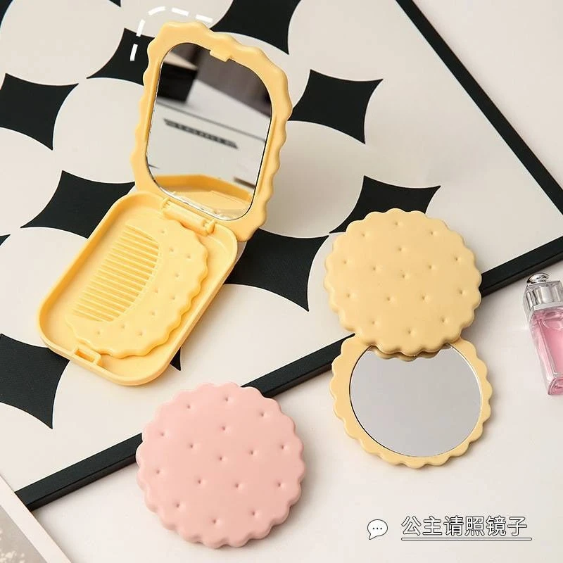 Cheese Biscuit Design Pocket Mirror Portable Foldable Mini Makeup Mirror For Travel Daily Use Cute Cartoon Style