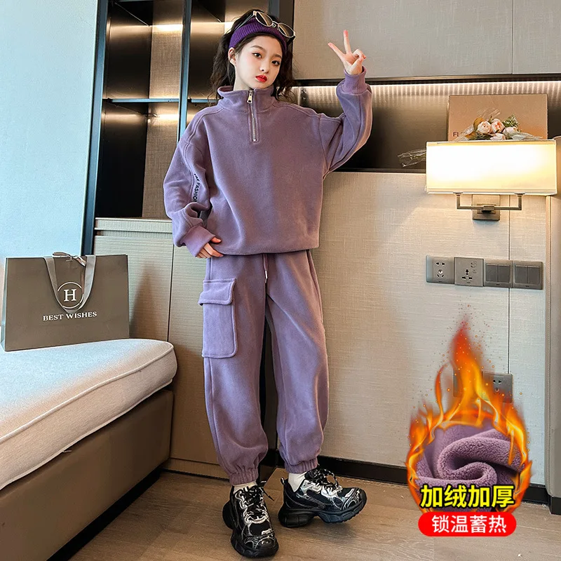 Polar Fleece Girls clothes Set Autumn Winter Thick Warm Teenage Kids Tracksuit Casual Sweatshirt Sweatpants 2 Pcs Kids Clothes