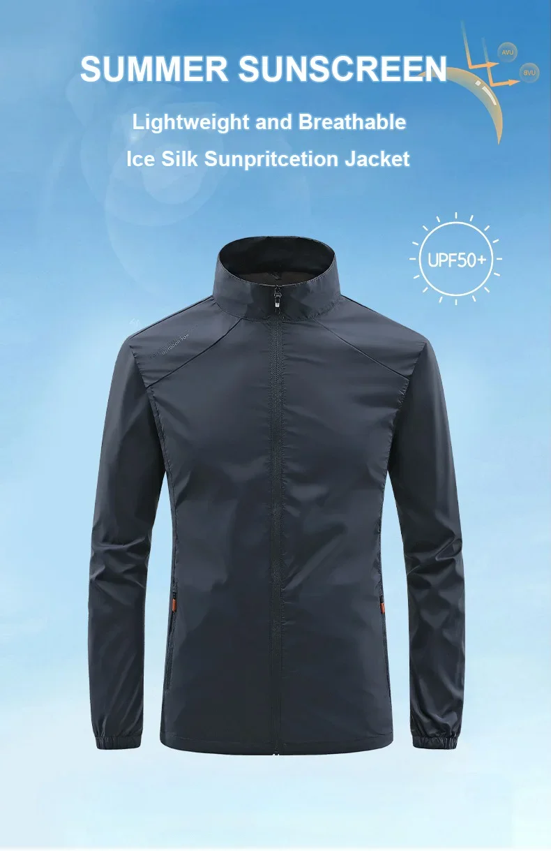 Sommer Neue männer Sonnenschutz Haut Mantel Leichte Atmungsaktive Eis Seide Stehkragen Sonnencreme Jacke Outdoor Camping Jakcet – Detail 2