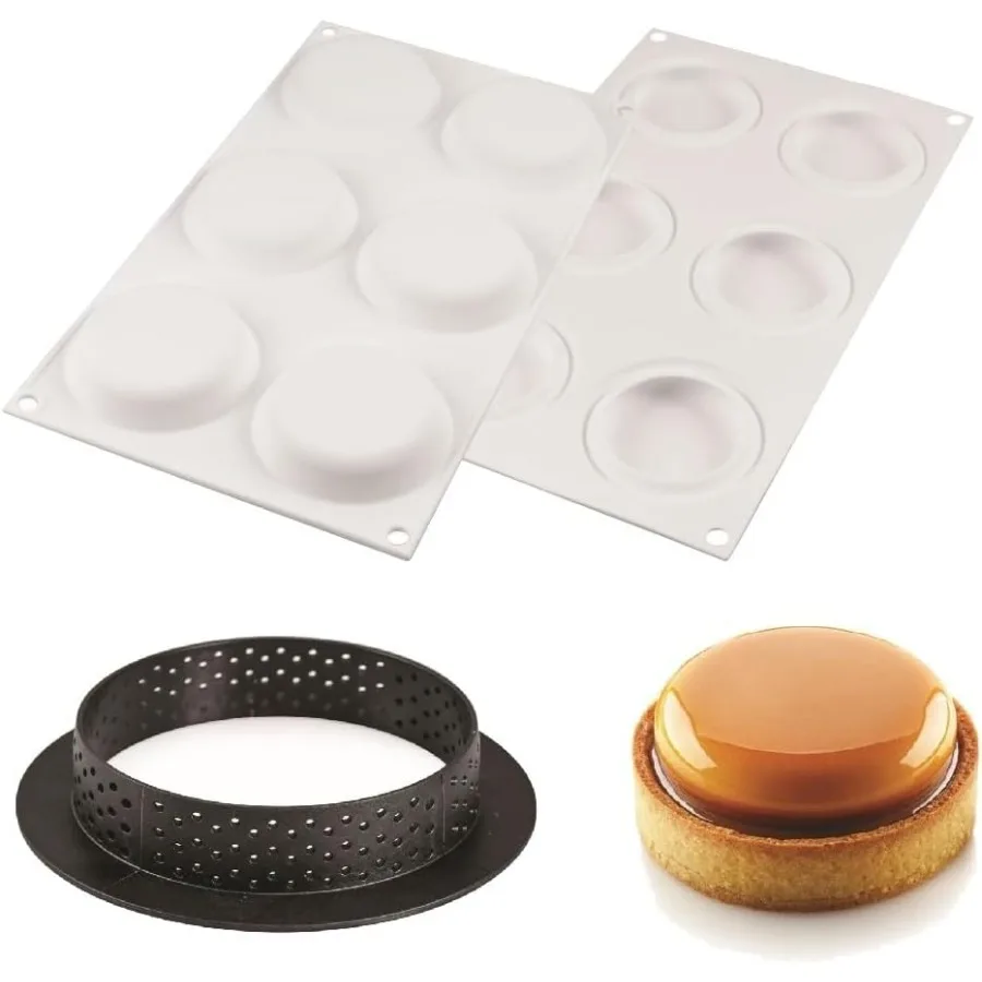

"Комплект Tarte Ring 80" Силиконовая форма с 6 полостями, диаметр 2,63 дюйма x высота 0,59 дюйма, плюс 6 термостойких перфорированных пластика