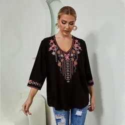 Eaeovni  Women's Embroidered Casual Solid Summer Farmer Top Elegant Shirt Loose Fit 3/4 Sleeve Tee  embroidery shirts for women