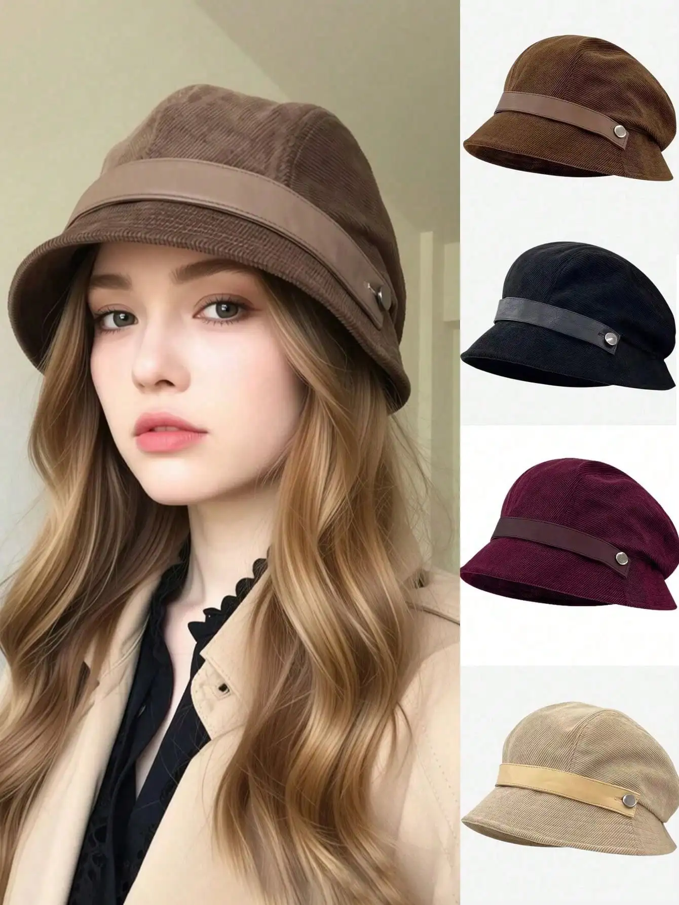 Damen-Cord-Fischerhut, Vielseitige Mütze im Koreanischen Stil, Retro-Elegante Baskenmütze, Gesichtsbedeckende Warme Winter-Accessoires
