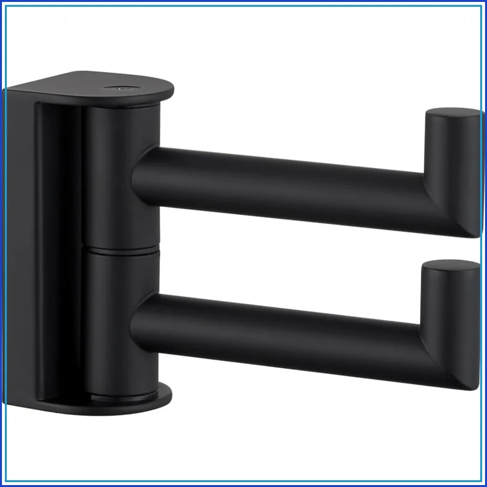 Swivel Towel Hook 2 Arms Matte Black, 304 Stainless Steel Bathroom Double Towel Holder, Folding Robe Hook Wall Mounted