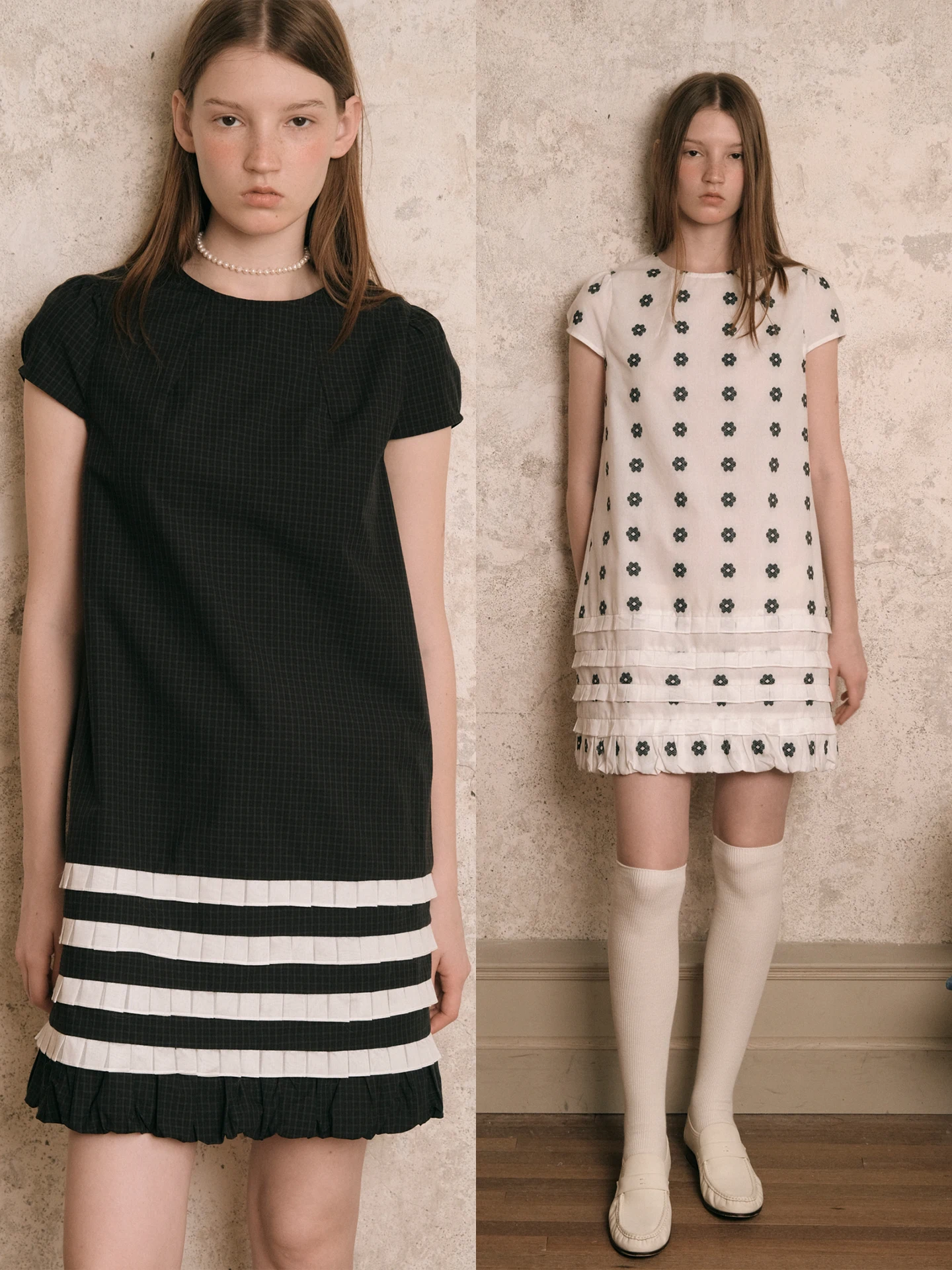

Fashionable MintCheese Fairy Girl Multi-Layered Bloom Dress White Background Black Green Plaid Short Sleeve Cotton Casual Dress