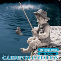 Resin Fisherman Boy Fishing Rod Figurine Sculpture Pond Fishing Statue Real Gravel Resin Removable Rod for Outdoor Swimming Pool