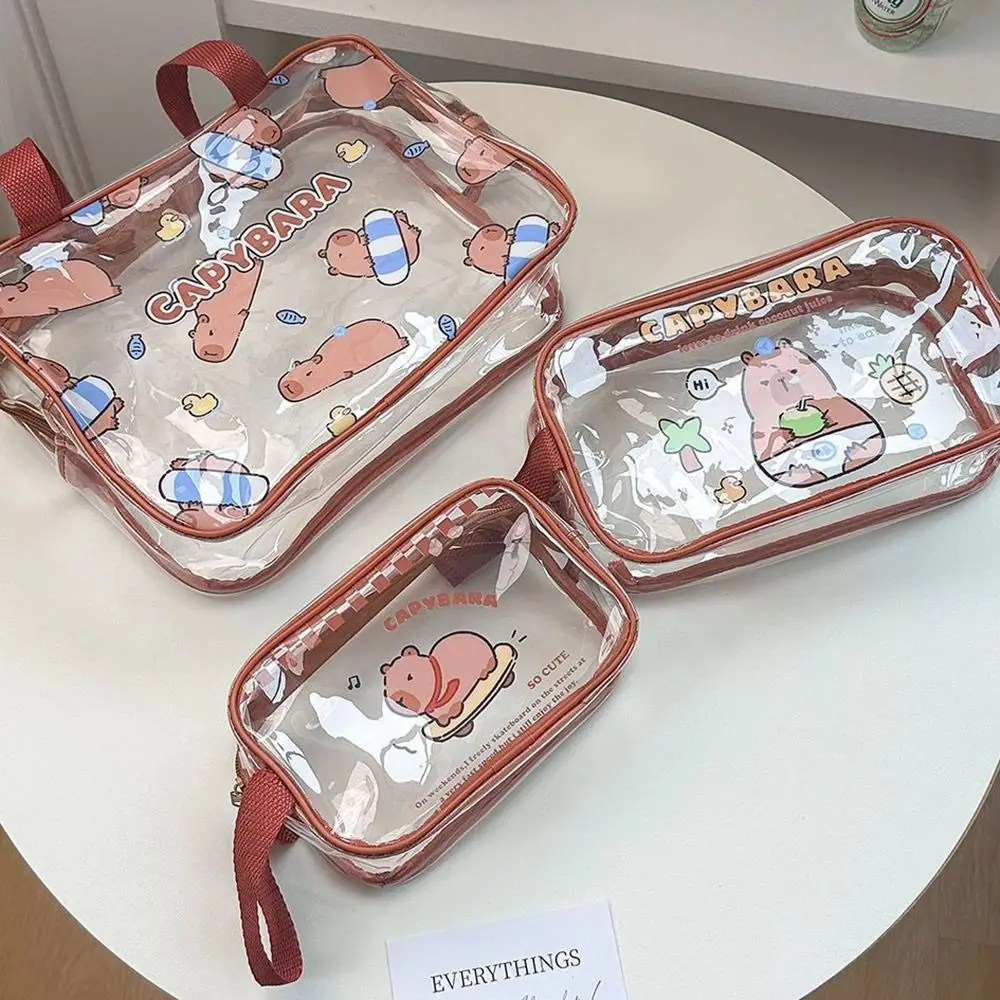 New Transparent Capybara Pen Bag Double-laye Large Capacity Stationery Storage Bag Waterproof Document Bags