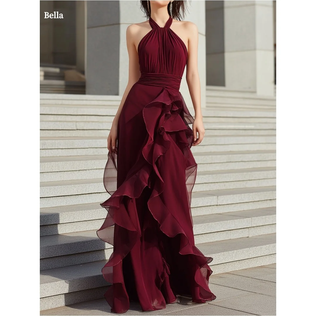 

Bella Customized Robes De Soirée Pour Femme Sleeveless Halter Neck Ruffle Trim Mermaid Prom Dress Train Elegant Floor Length