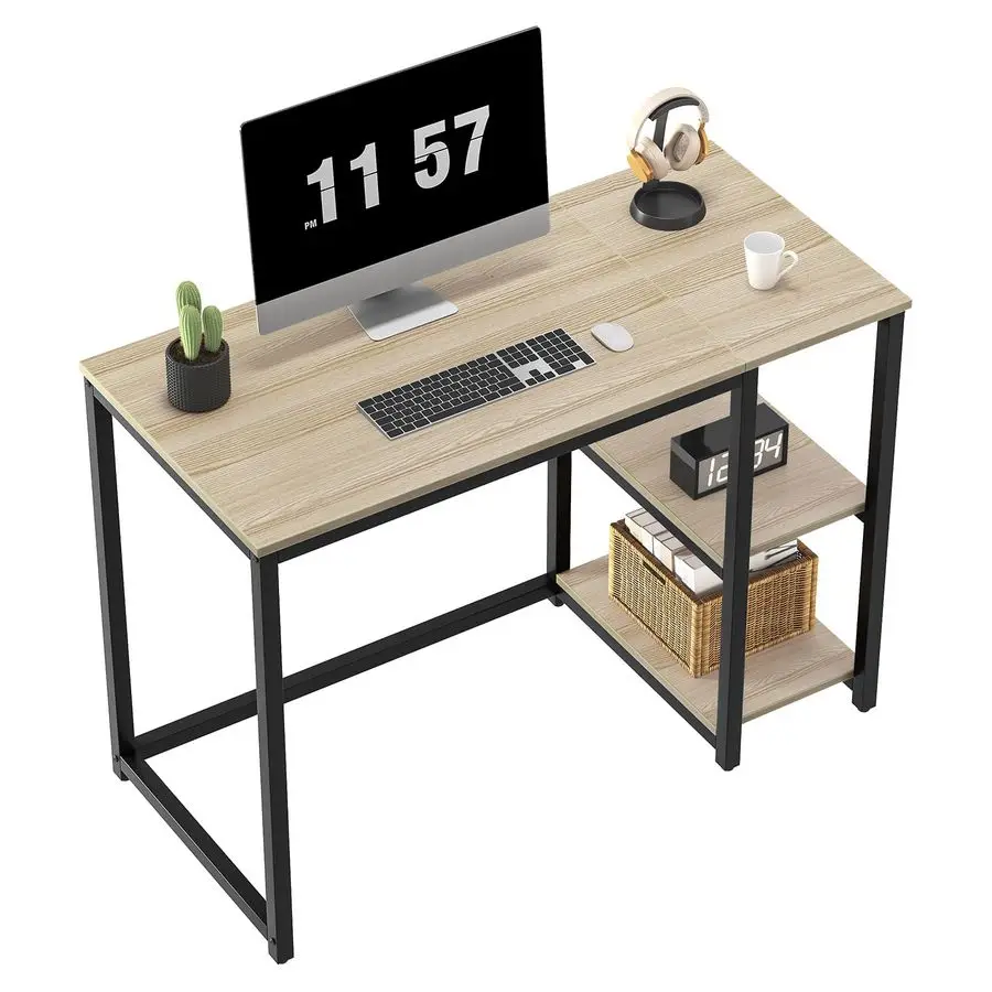 

40 Oak Computer Desk with Shelves, Sturdy Light Wood Desks with Storage Space, Modern Gaming Desk Study Writing Laptop Table, B