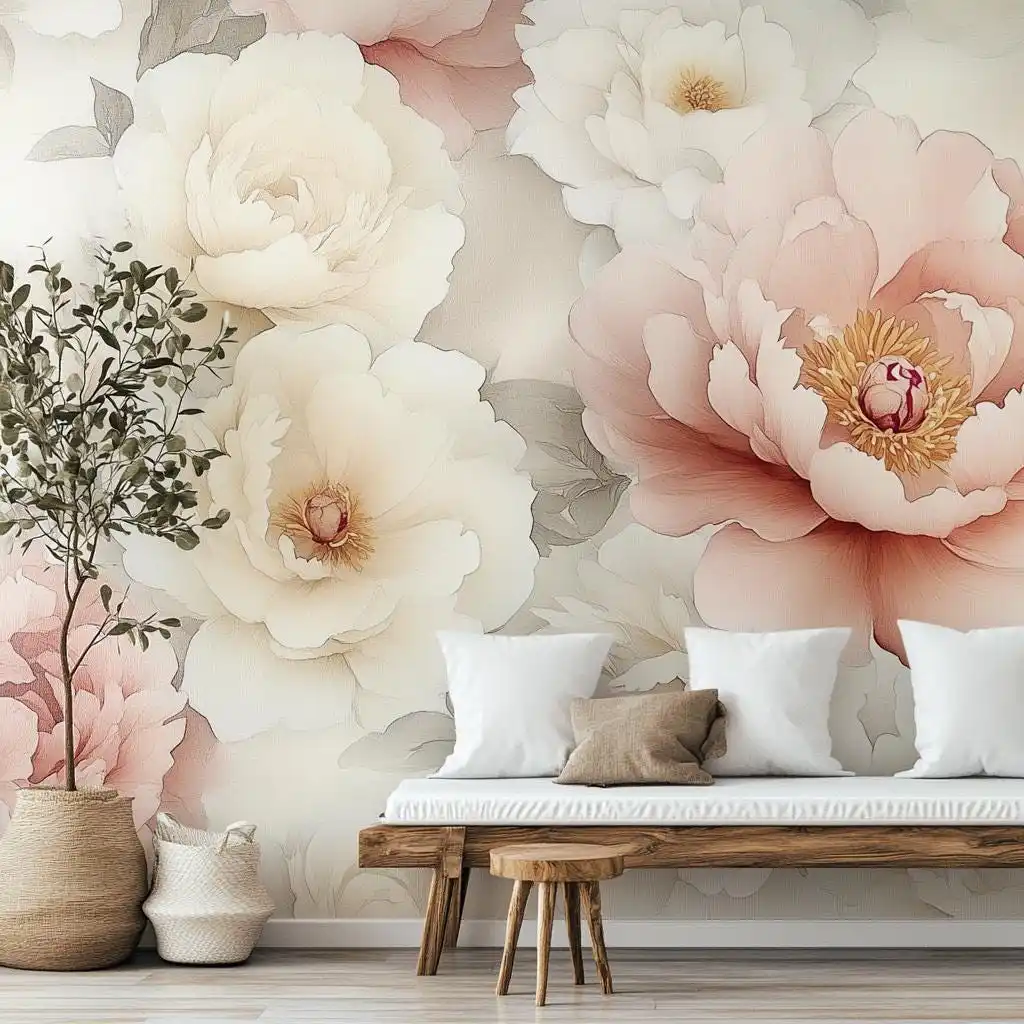 Retro Oil Painting Giant Red White Flower Wall Mural Dark Background Floral Photo Wallpaper Peel&Stick Home Wall Covering