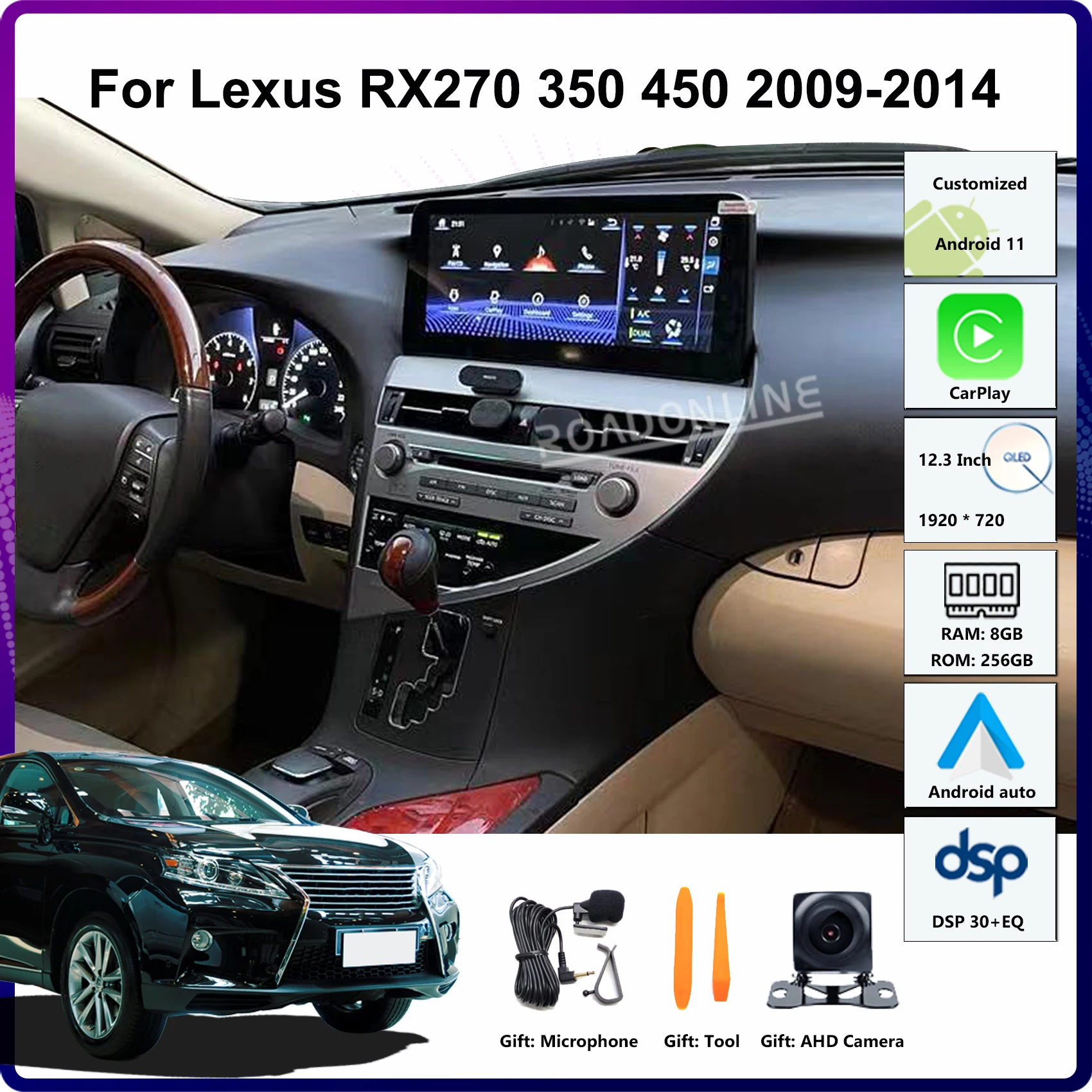 12.3 Inch For Lexus RX270 RX350 RX450 2009-2015 LHD Android 12 8+256G Car GPS Navigation Auto Head Unit Multimedia Radio CarPlay