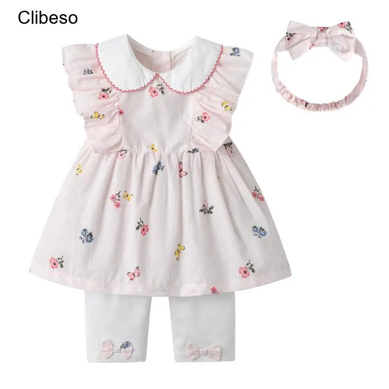 2024 Clibeso Newborn Baby Girls Summer Clothes Suits Kids Princess Floral Sleeveless Shirt + Bowknot Capri Pants + Headband 3Pcs