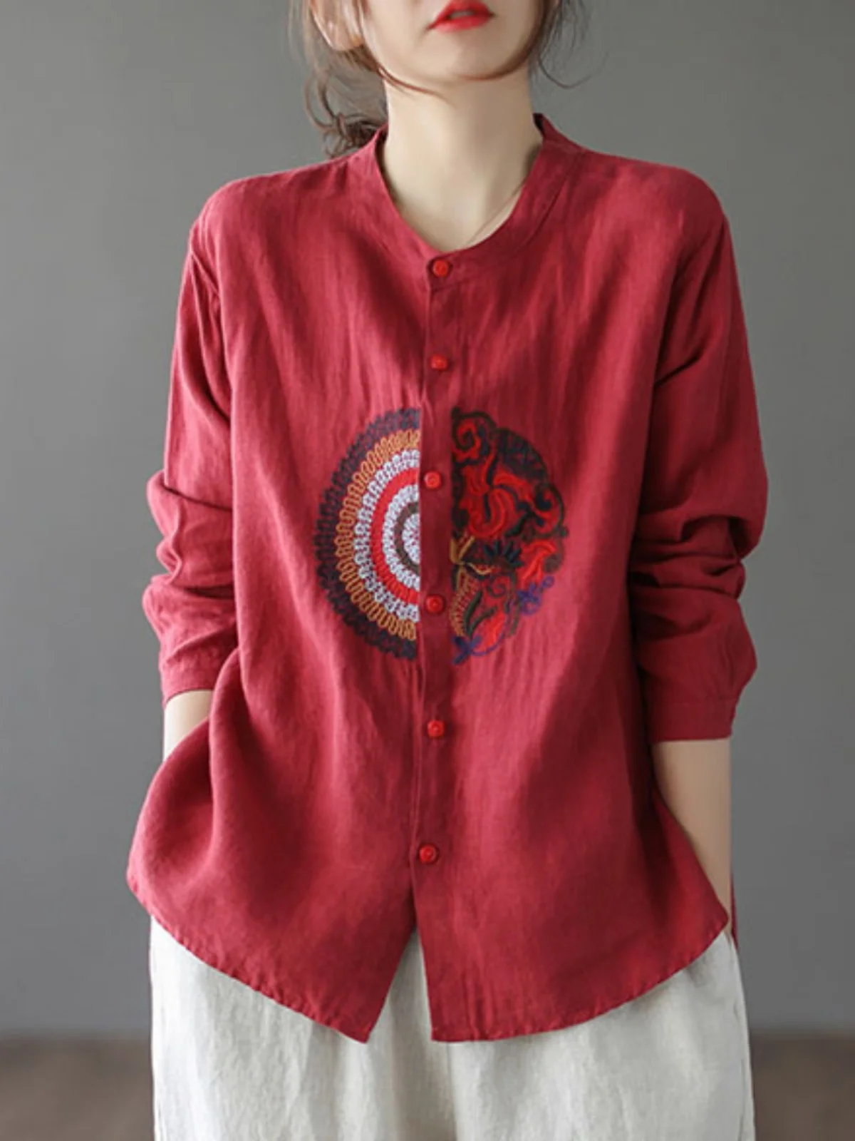 Csa de Manga Larga Bordada de Estilo Étnico Retro, Ropa Casual de Primavera para Mujer, Csa Hoada con Botones de Colo...