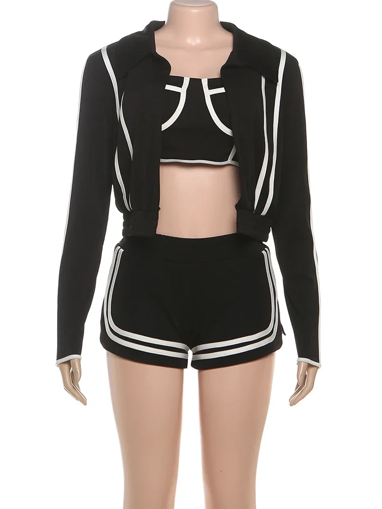 Leosoxs-Conjunto deportivo de 3 piezas para mujer, chándal, chaqueta corta, camisola y pantalones cortos a juego, ropa informal de retales a rayas, trajes informales