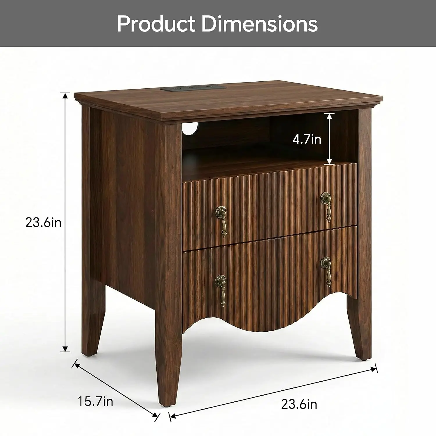 Fluted Nightstand with Charging Station, 2 Drawers and Open Shelf, Vintage Bedside Table with Power Outlet and USB Ports