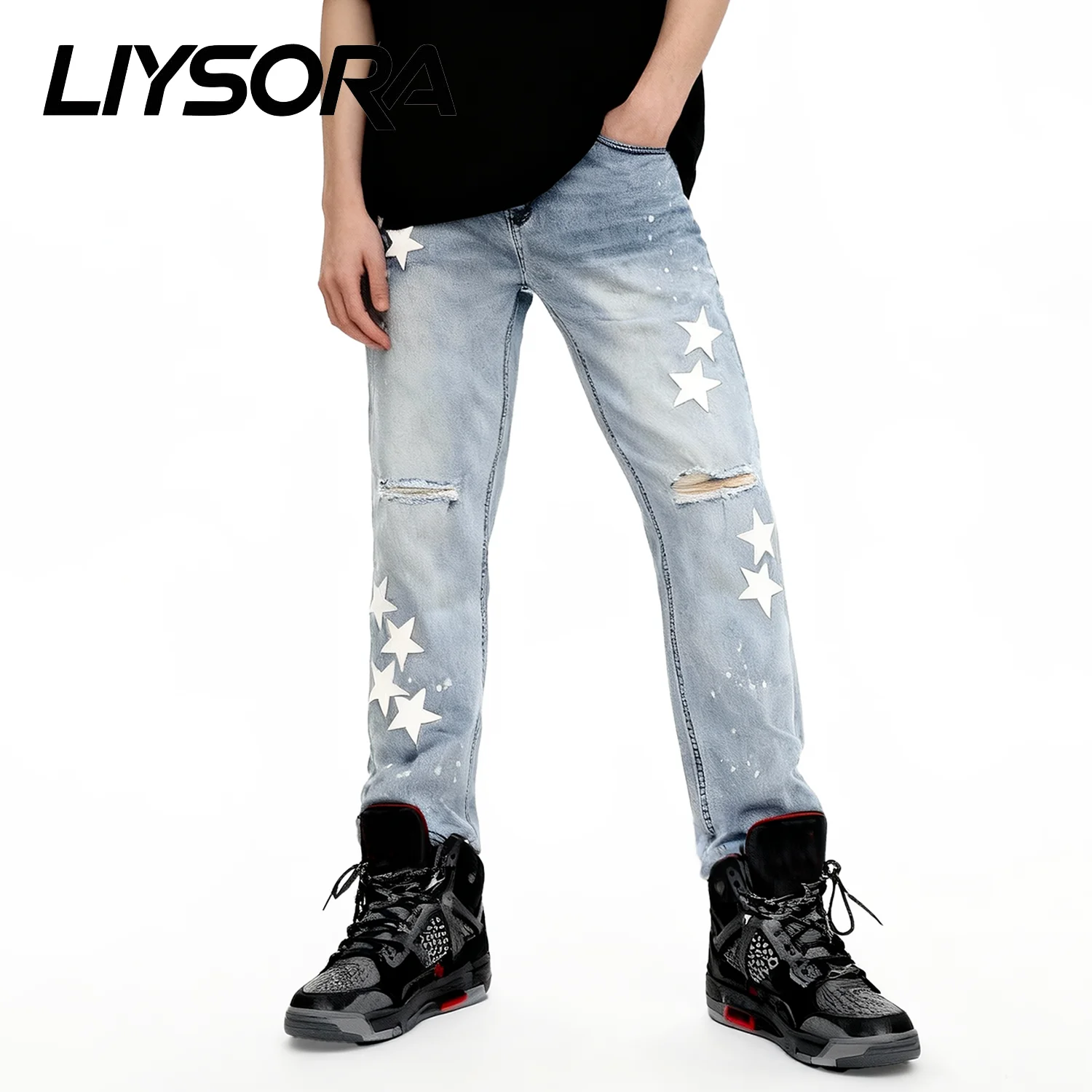 

Men's Korean Skinny Elastic Jeans Star Patchwork Blue Ripped Denim Pants Men's Slim Fit Small Leg Pencil Jeans Unisex Clothes