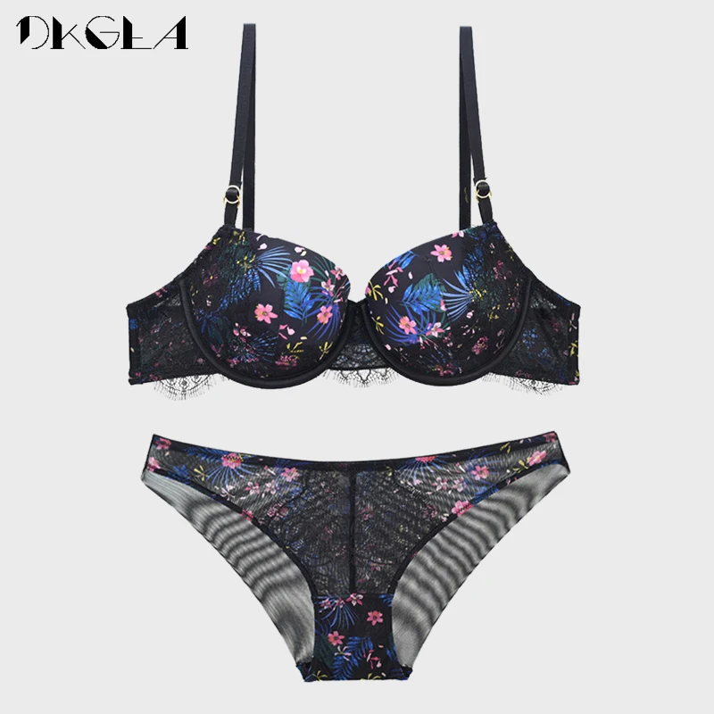 Classic Black Underwear Set Sexy Bras Printing Fashion Push Up Bra Panties Sets Thick Cotton Brassiere Lace Women Lingerie Set