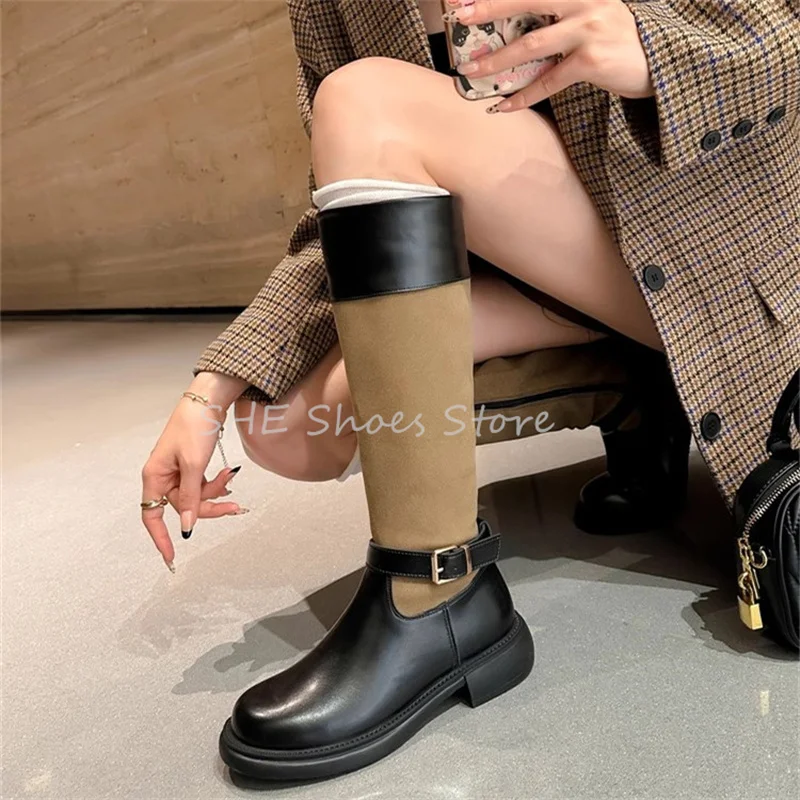 

Fashion Mixed Color Women Knee Hight Boots Chunky Bottom Height Increasing Belt Buckle Knight Boots Ladies Genuine Leather Boots