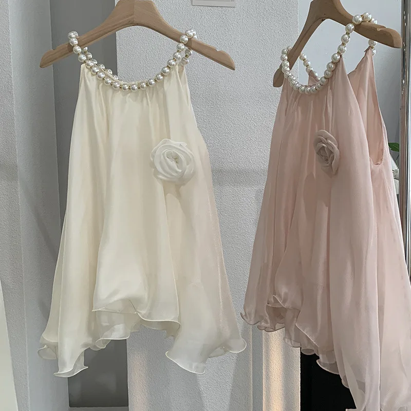 

Iridesse Sweet Chiffon Blouse, 3D Flower, Pearl Halterneck, Sleeveless Shirt, Super Fairy, Gentle Top, for Women