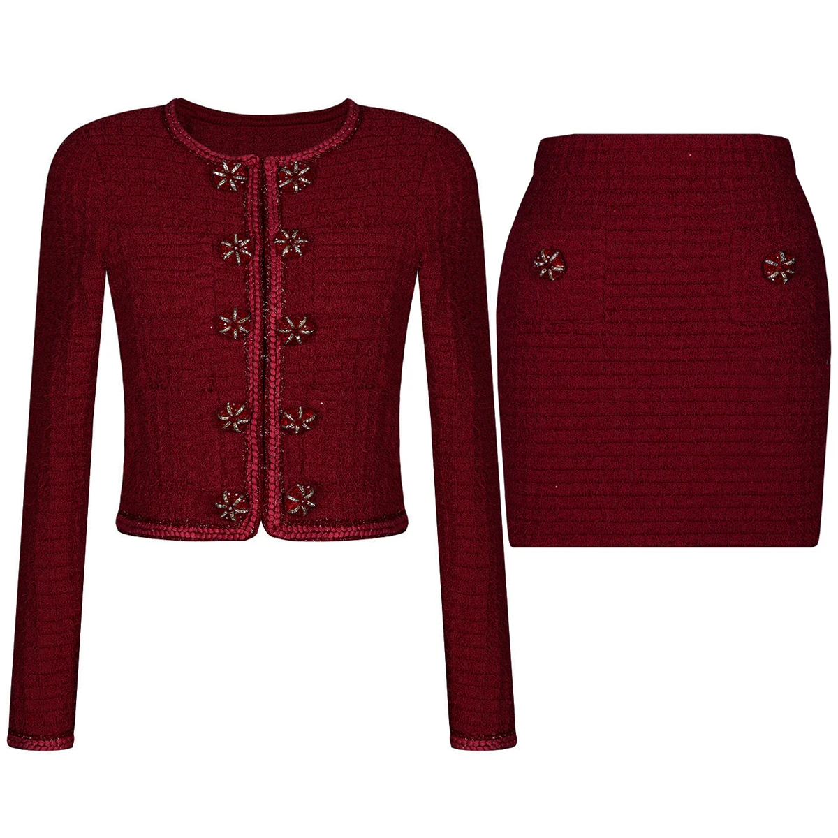 

High Quality Autumn New Fashion Elastic Knitted Round Neck Big Button Long Sleeved Cardigan Slim Fit Short Skirt Women's Set
