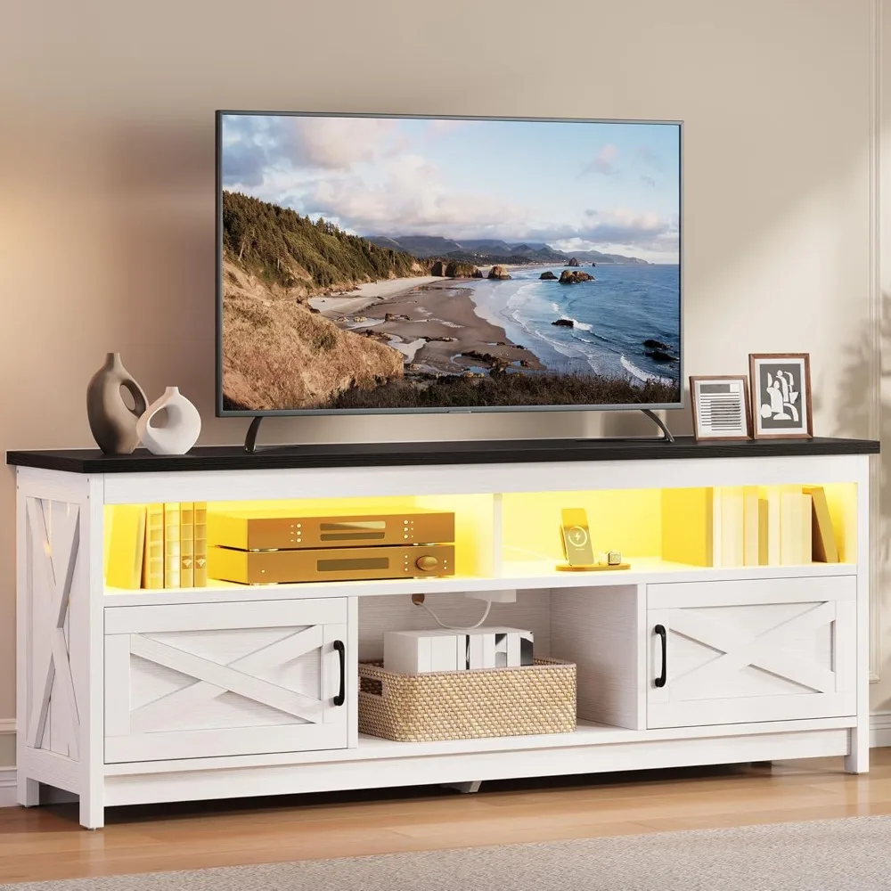 

LED Light TV Stand, Entertainment Center with Power Outlet, Media Console Table TV Cabinet with Storage Cabinets for Living Room