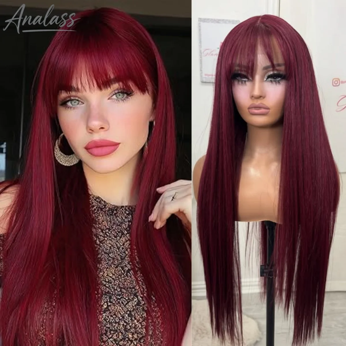 99J Burgundy Red Bone Straight Lace Front Wig With Bangs 13x4 HD Pre Plucked Glueless Synthetic pelucas On Clearance Sale