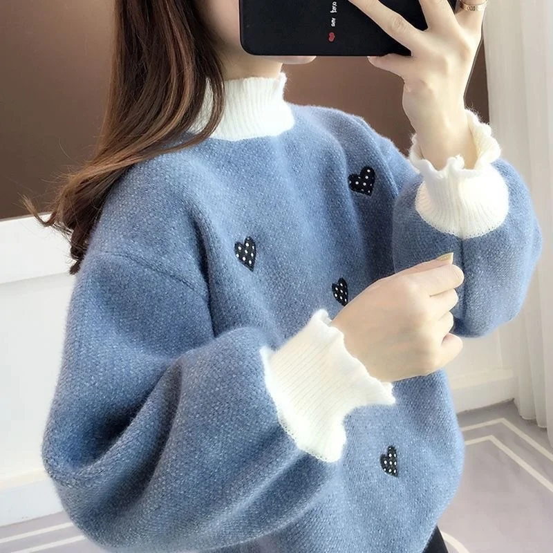 Autumn Winter New Style Student Girls' Clothing Ice Silk Fabric Loose Thickened Half High Collar Women's Knitted Sweater