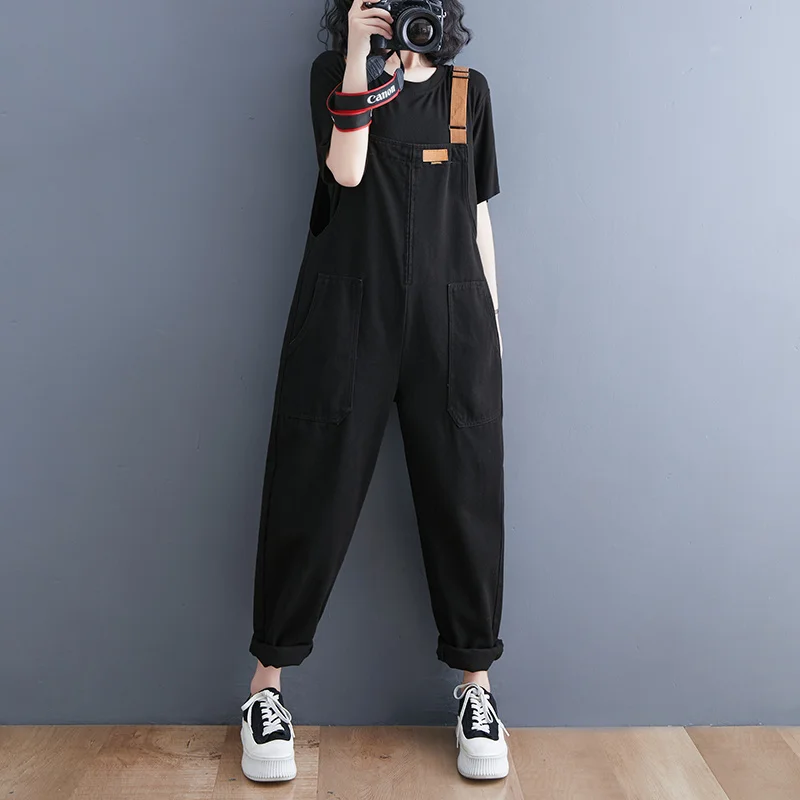 #2377 Black Cargo Denim Jumpsuits Women Loose Pencil Harem Denim Overalls Female Korean Style Jeans Rompers Womens Pockets 