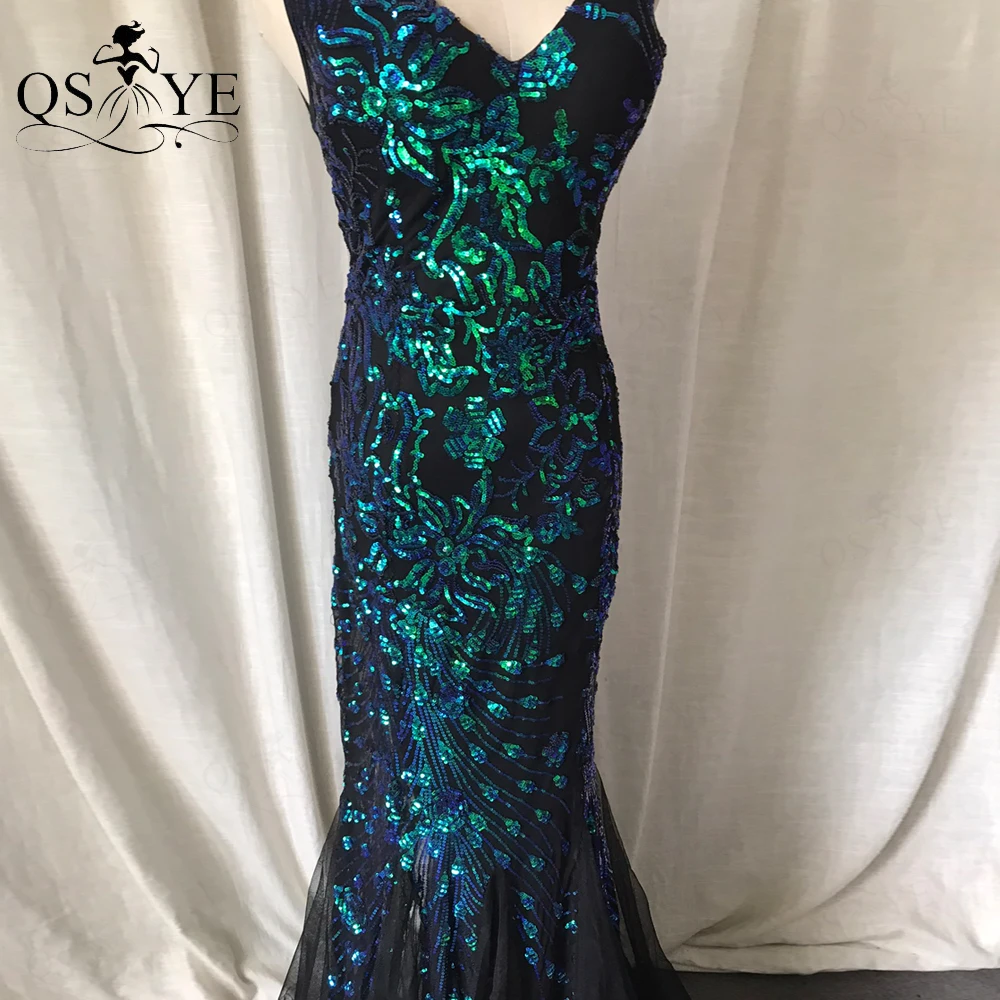 Peacock Green Mermaid Evening Dresses Floral Lace Prom Gown Tulle Bottom Sequin Appliques Vintage Sleeveless Formal Party Dress