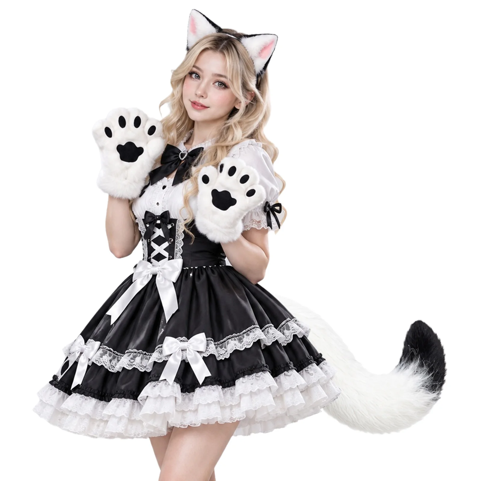 Halloween Faux Fur Cat Ears Hair Hoop with Adjustable Tail And Paw Gloves Cosplay Accessories Set