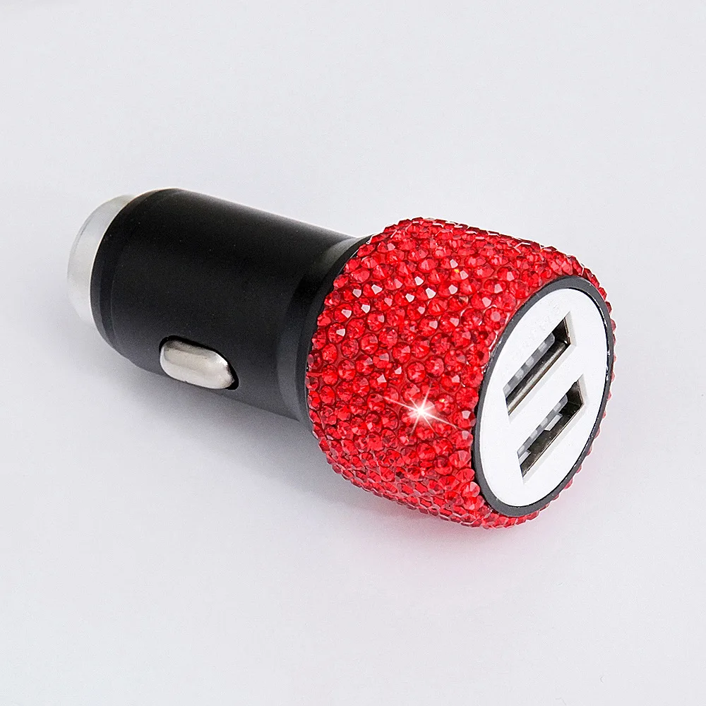 Bling Auto Diamant-Embedded Auto Telefoon Veiligheid Hamer Oplader Dubbele Usb Snel Opladen Auto Telefoon Aluminium Autolader