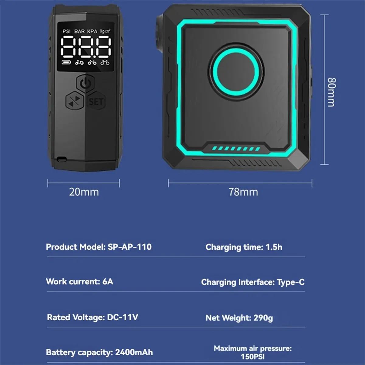 ABJV دراجة كهربائية صغيرة مضخة هواء 150PSI ضاغط هواء قوي عرض الضغط دراجة نارية منفاخ لإطارات السيارة أسود أخضر