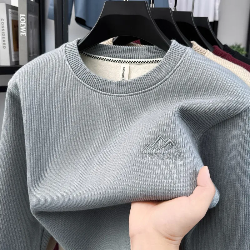 Trend premium brand men's pullover exquisite letter embroidery skin friendly warmth plush thicken round neck casual sweatshirt