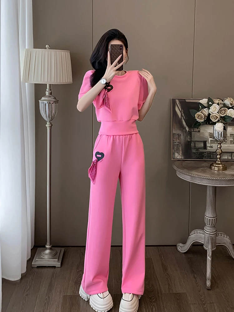 Short Sleeved Pants 2 Piece Sets Women Outfit Conjuntos Para Mujeres 2 Piezas Summer Pink Casual Wide Leg Trousers Track Suits