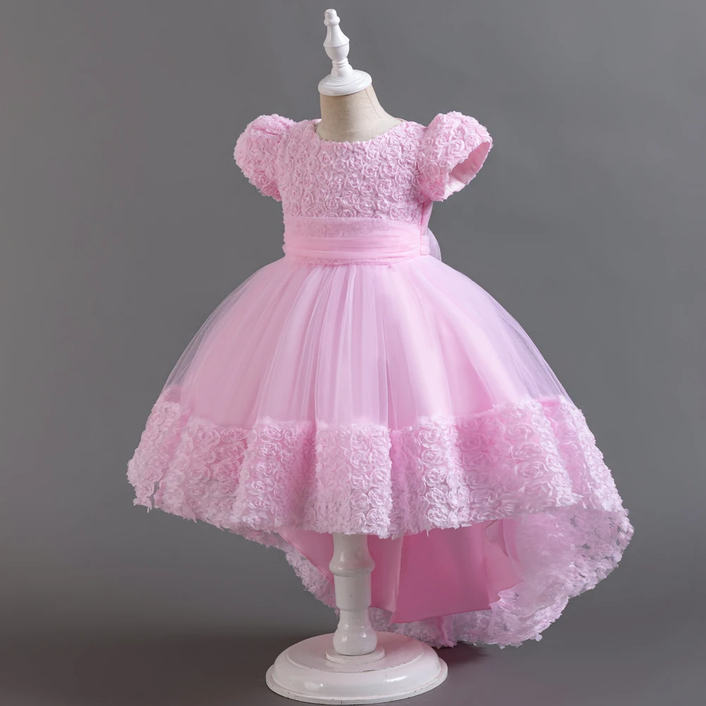 Pink European style flower girl wedding dress for 3 to 12 Year Kids Tail Birthday Party Dress Short sleeved child ball dress