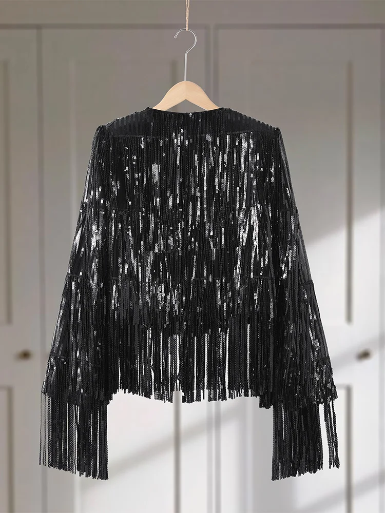 

Women's Round Neck Sequined Tassel Black Jackets Lady Fashion Long-Sleeved Short Jacket Coat 2026 Spring Autumn New Female Top