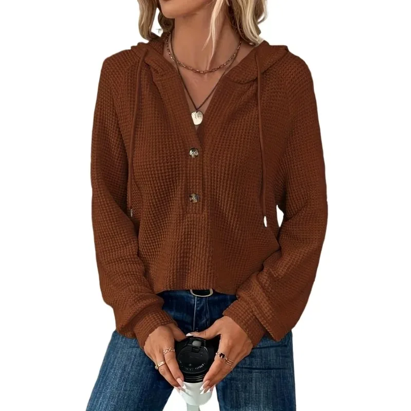 Plus Size 1XL-5XL New Women's Fashion Hooded Long Sleeved Solid Color Hoodie Sweatshirt Women with Buttons Hoodie